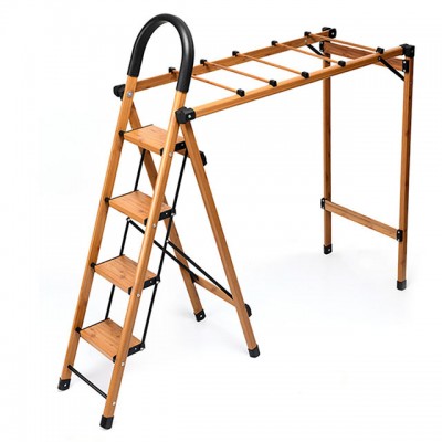 Aluminium Wooden Coated Folding Ladder with Handrail and Cloth Rack